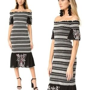 Rachel Zoe Black Nicolette Midi Dress Smocked Off-the-Shoulder Embroidered Small
